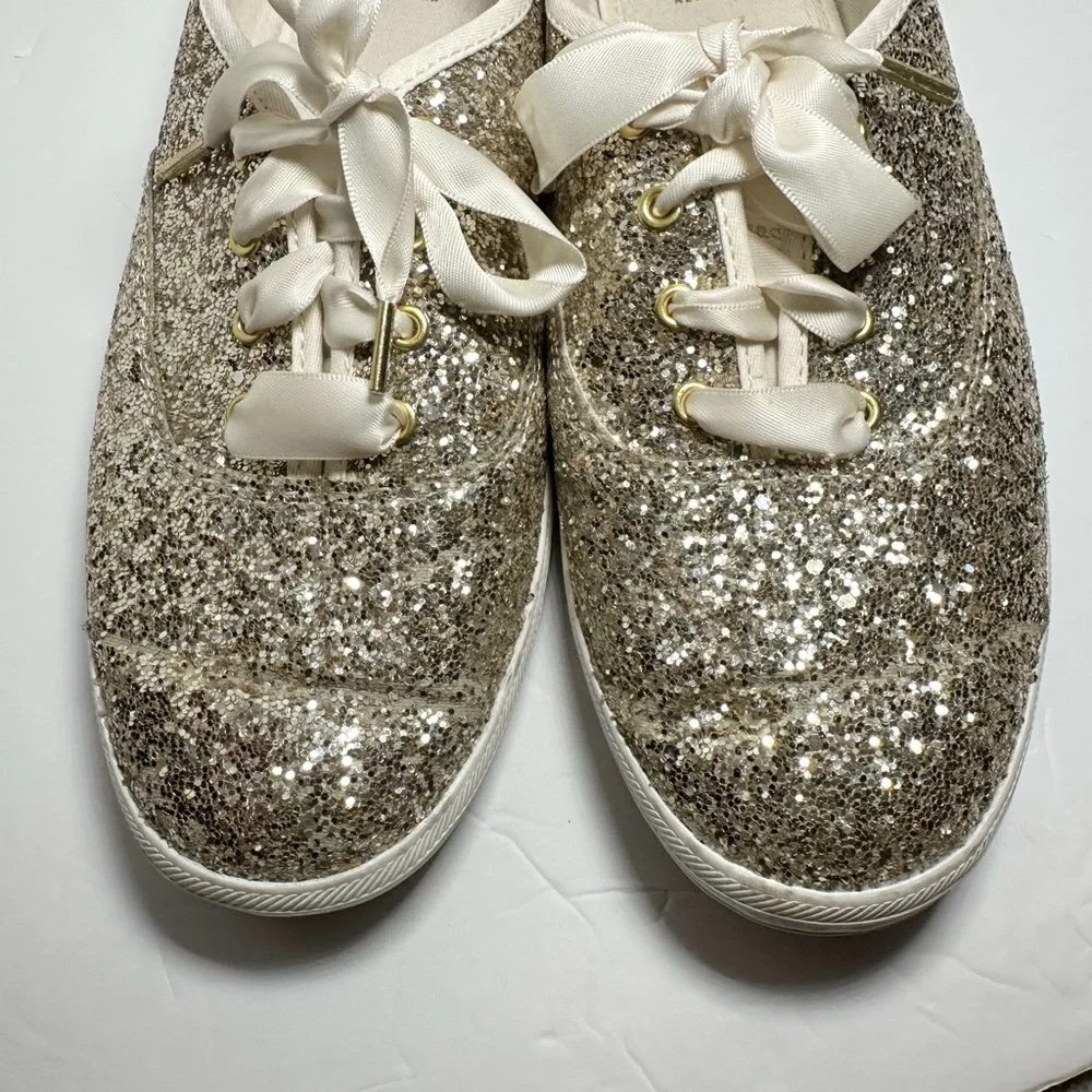 Keds X Kate Spade New York Gold Glitter Cream Satin Lace Up Sneakers- Size 8.5/9